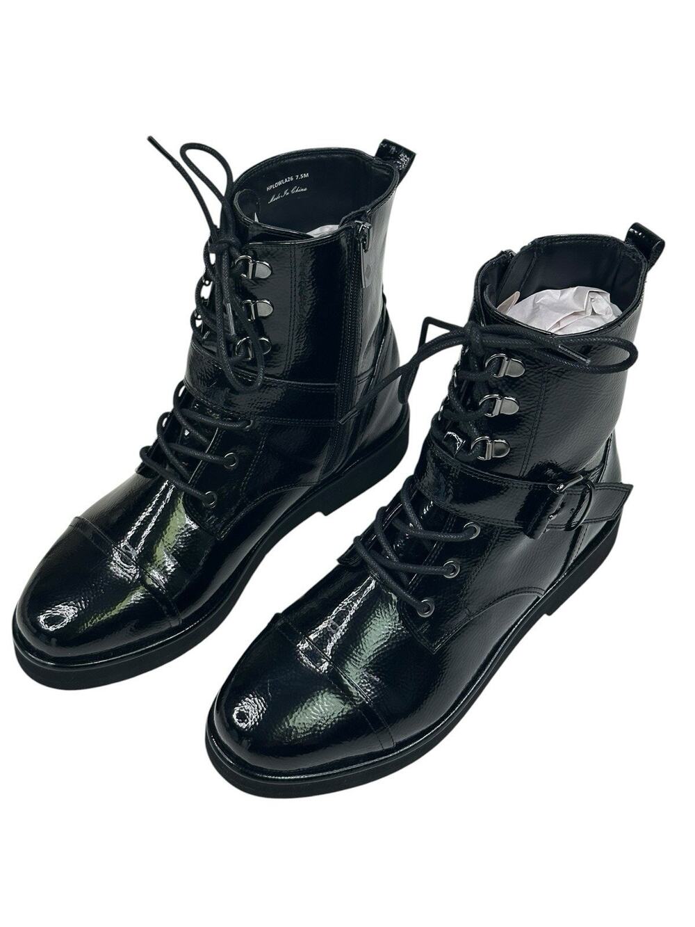 Donald Pliner Lowla Patent Faux Leather Combat Boots Black Womens 7.5M New $278